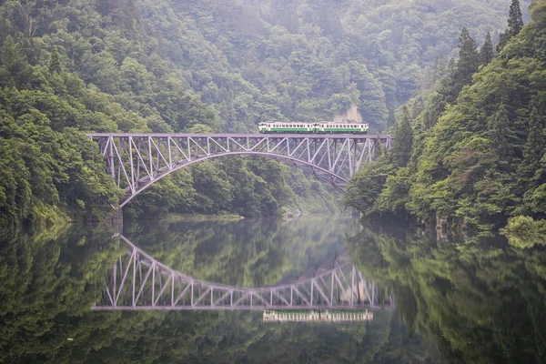 Tadami railway line and Tadami River in summer season at Fukushima prefecture.