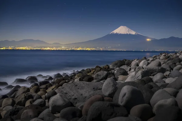 Nattutsikt Fuji Med Utsikt Över Stranden Från Suruga Sea Shizuoka — Stockfoto