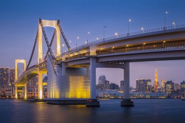 Tokyo Gökkuşağı köprüsü ve Tokyo Kulesi Tokyo körfezi Odaiba görülen