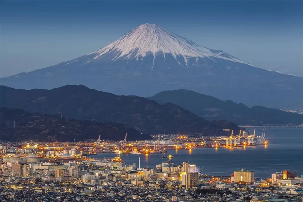 Fuji Winter Evening Lights Shimizu City Shimizu Port — Stock Photo, Image