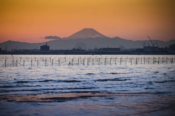 Tokyo körfezi ve mt. Gün batımında Fuji