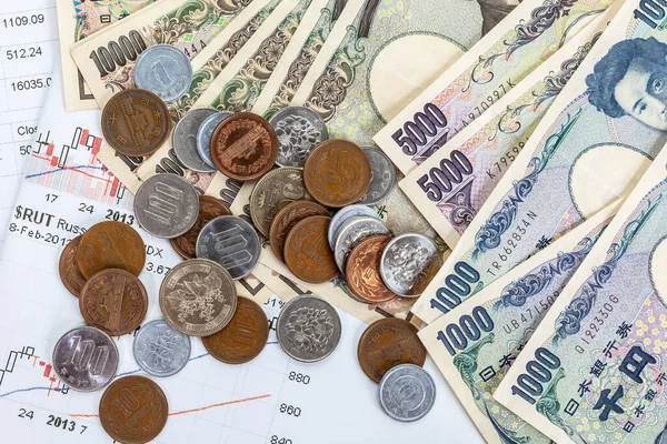 閉じる 日本円の銀行券と日本円のコイン — ストック写真