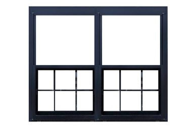 Beyaz arkaplanda siyah alüminyum pencere çerçevesi izole edildi