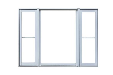 Beyaz arkaplanda izole edilmiş klasik beyaz metal pencere çerçevesi