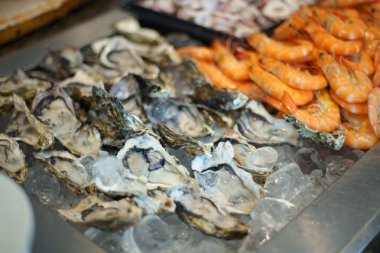 Bir deniz ürünleri restoranında buz üzerinde Çiğ Taze istiridye
