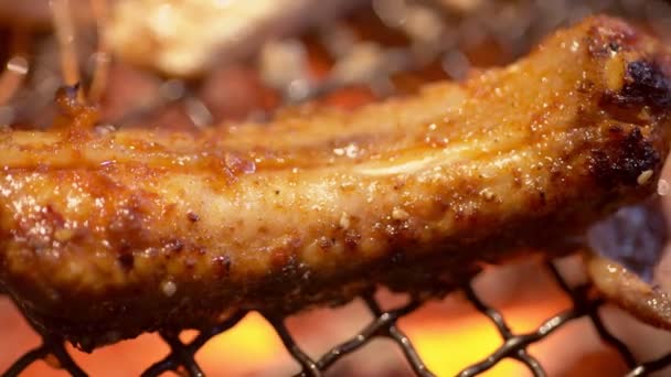 Bbq Grilled Pork Ribs Steak Flaming Grilled Close — Stock Video