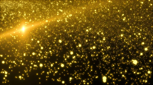 抽象的なほこりの火花と黄金の星 未来技術デジタル フライングプラネット データポイントのスプラッシュ アニメーション3Dレンダリング — ストック写真
