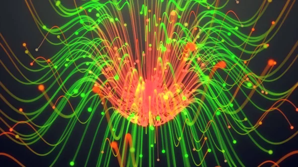 彩色粒子线 发光线和黑暗动画中的光粒子3D渲染 — 图库照片