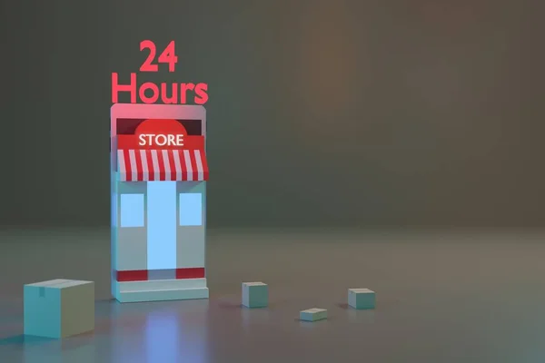 动画在线购物电子商务 24小时智能手机3D渲染 — 图库照片