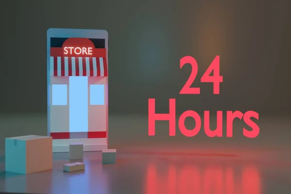 Animazione Shopping Online Commerce Store Box Ore Smartphone Rendering — Foto Stock