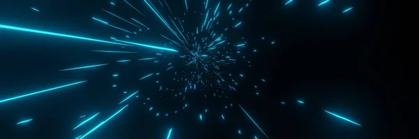 Fondo Abstracto Azul Explosión Partículas Ondas Choque Panorama Renderizado Imagen De Stock