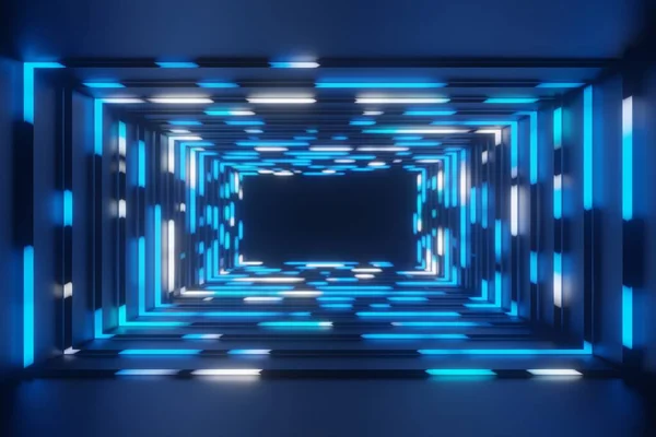 抽象アニメーションネオンブルーフレームトンネル背景3Dレンダリング — ストック写真