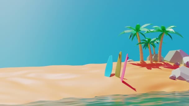 Beauty Summer Beach Surfboard Sand Palm Tree Background Animation Rendering — Stock Video