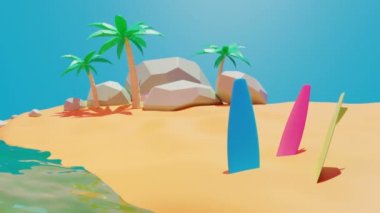 Güzellik yaz plajı, sörf tahtası, kum, palmiye ağacı animasyon 3D
