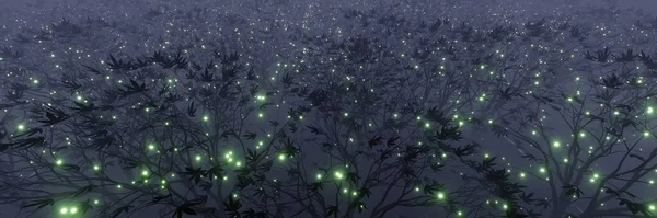 アブストラクト輝く粒子エイリアンの惑星の風景の森の3Dレンダリング — ストック写真