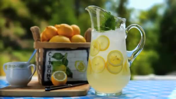 Homme Plaçant Verres Limonade Par Pitcher Limonade Sur Table Extérieur — Video