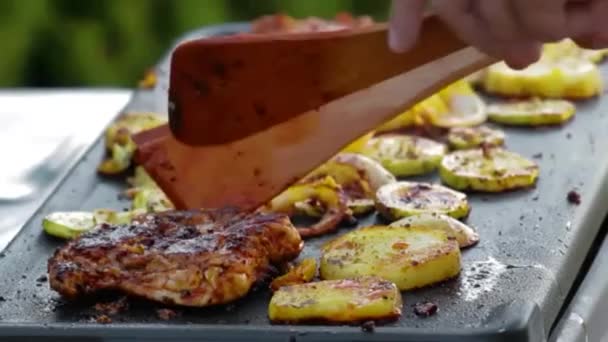 人在花园里户外烤香肠 鸡胸肉 洋葱和土豆圈 — 图库视频影像