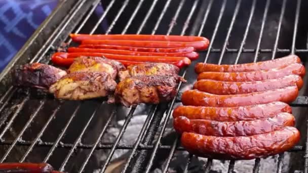 Man Grillen Worstjes Kipfilet Aardappel Ringen Buiten Tuin — Stockvideo