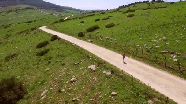 Terreno Montañoso Con Mujer Que Camina — Vídeo de stock