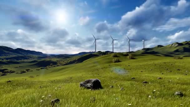 Windpark Windturbines Een Zonnige Landschap — Stockvideo