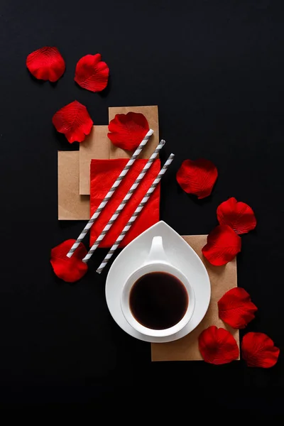 White Cup Coffee Black Background Graphic Layout Rose Petals Copy — Stock Photo, Image