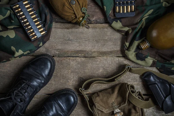 Army Military Uniform Weapon Holster Pistol Flask Boots Wooden Background — Stock Photo, Image