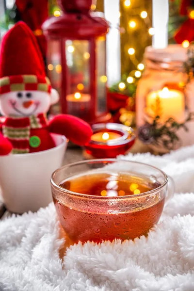 Christmas Holiday Composition Cup Hot Tea Candles Gifts Cozy Fluffy — Stock Photo, Image