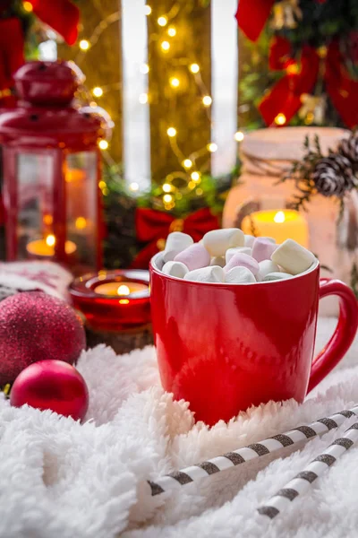 Christmas Holiday Arrangement Cup Hot Cocoa Marshmallows Candles Gifts Cozy — Stock Photo, Image
