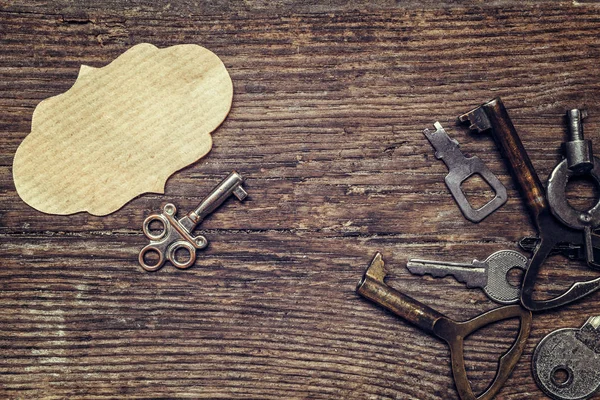 Old Antique Keys Wooden Background Flat Top View Concept Choice — Stock Photo, Image