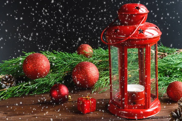 Linterna Candelabro Navidad Ramas Pino Abeto Decoraciones Navideñas — Foto de Stock