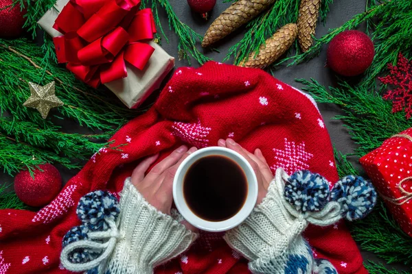 Female Hands Cup Coffee Table Christmas Decorations — Stock Photo, Image