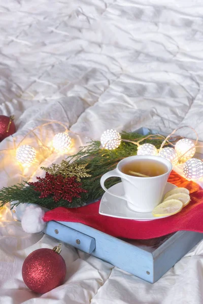 Cup Tea Lemon Tray Bed Winter Morning Comfort — Stock Photo, Image