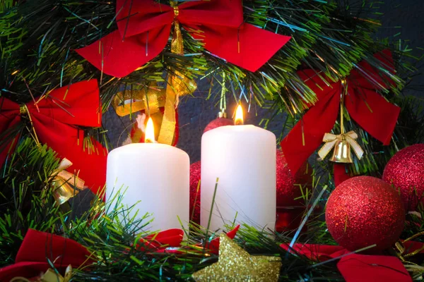 Burning Candles Festive Christmas Decorations — Stock Photo, Image