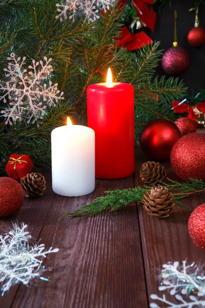 Christmas Composition Candles Ball Festive Decoration Holiday New Year Stock Photo