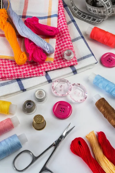 Pastel Color Background Dressmaker Designer Desk Handcraft Accessories Threads Roll — Stock Photo, Image