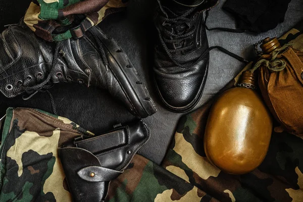 Military Camouflage Uniform Boots Set Military Items Flask Gun Dark — Stock Photo, Image