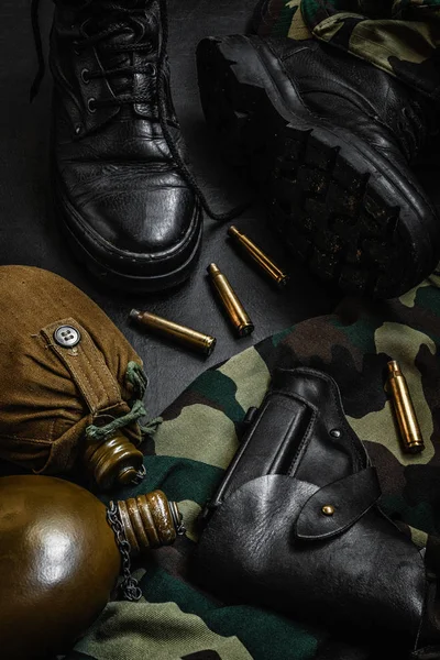 Military Camouflage Uniform Boots Set Military Items Flask Gun Dark — Stock Photo, Image