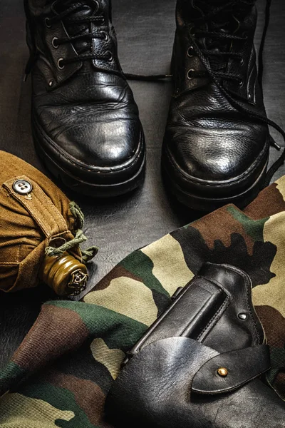 Military Camouflage Uniform Boots Set Military Items Flask Gun Dark — Stock Photo, Image