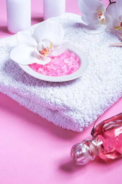 Spa Beauty Cosmetics Pink Table Copy Space Flat Lay — Stock Photo, Image