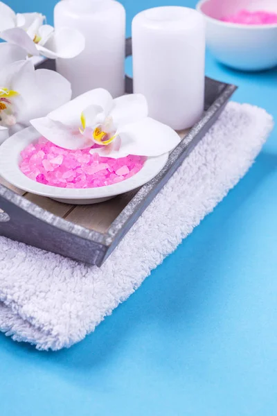 Spa Setting Still Life Orchid Flower Candle Soap Towels Blue — Stock Photo, Image