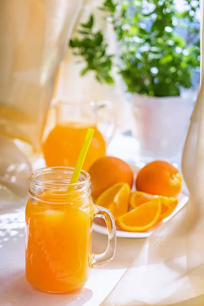 Orange Juice Glass Fresh Oranges Table Window Morning — Stock Photo, Image