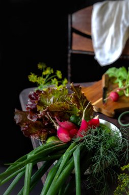Taze sebze soğan yeşil tüy turp ve elleri kızın hazırlar koyu ahşap arka plan kopya alanı ile rustik tarzda üzerinde