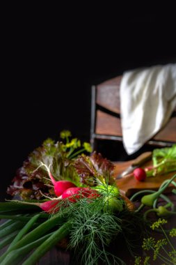 Taze sebze soğan yeşil tüy turp ve elleri kızın hazırlar koyu ahşap arka plan kopya alanı ile rustik tarzda üzerinde