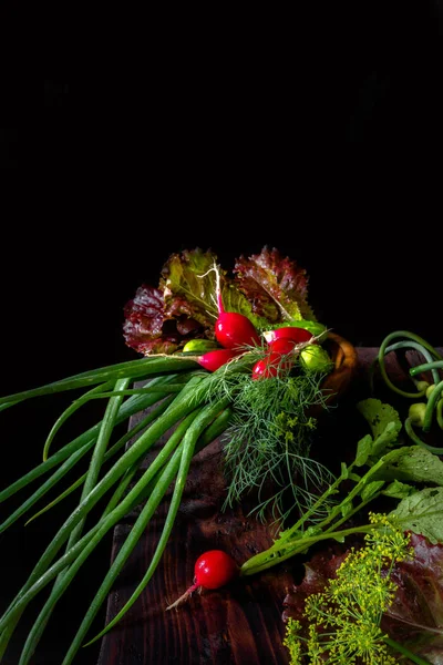 Verduras Frescas Cebola Rabanete Pena Verde Mãos Menina Prepara Contexto — Fotografia de Stock