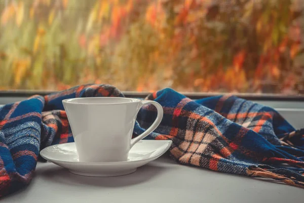 Cozy autumn still life: a mug of hot coffee and an open book with a warm blanket on the old window sill of the cottage against the autumn landscape with colorful leaves from the outside.