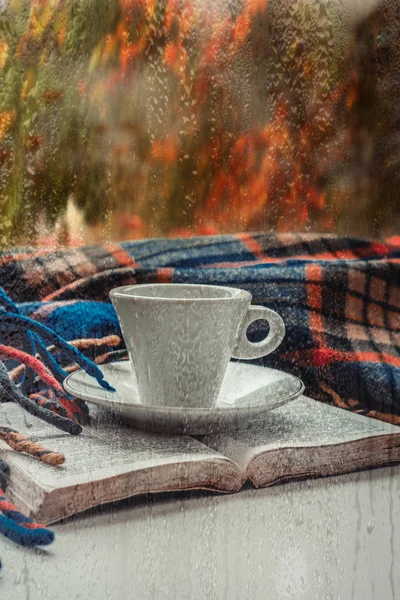 Cozy Autumn Still Life Mug Hot Coffee Open Book Warm — Stock Photo, Image