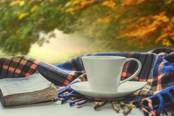 Cozy autumn still life: a mug of hot coffee and an open book with a warm blanket on the old window sill of the cottage against the autumn landscape with colorful leaves from the outside.