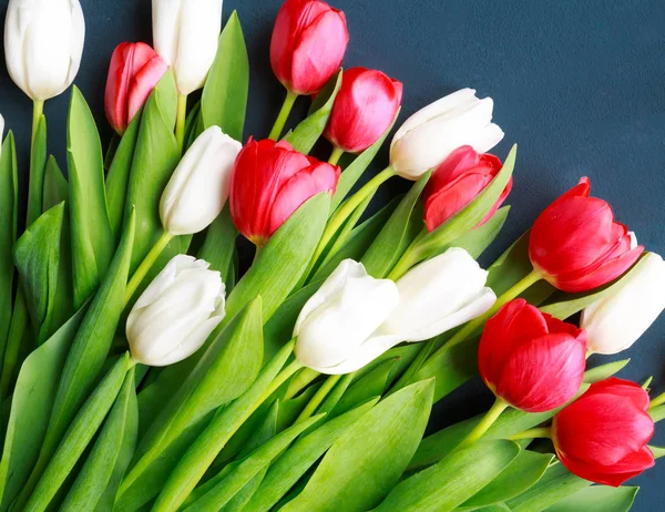 tulips on turquoise gray background. Spring flowers. Valentine's Day, Woman's Day and Mother's Day.