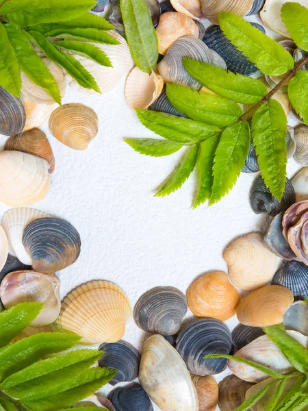 Green leaves, stones pattern on white background. Flat lay