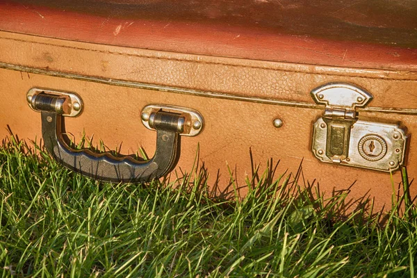 绿色草地上的复古皮革棕色手提箱 — 图库照片